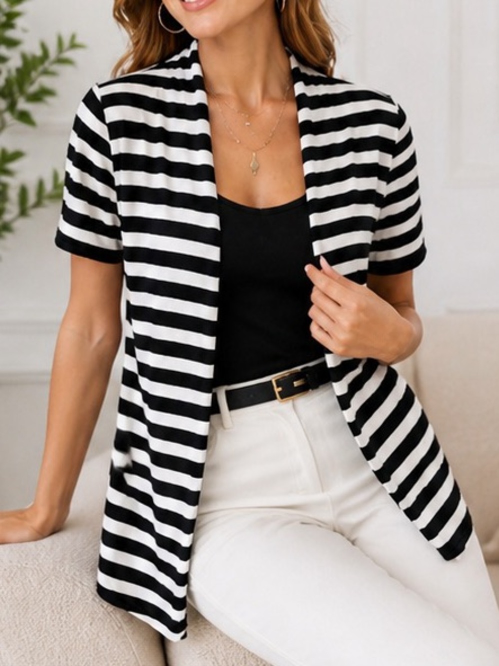 Peter Nygard Striped Open Cardigan Black White Medium Short Sleeve